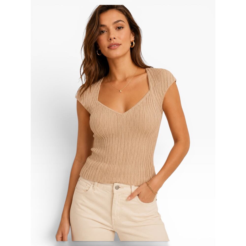 Express Ribbed Metallic Shimmer Cap Sleeve Sweater Top Size S NWT